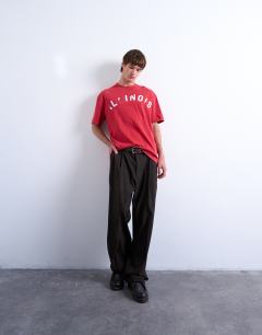 Model wearing Relaxed t-shirt with Illinois front and back print in red