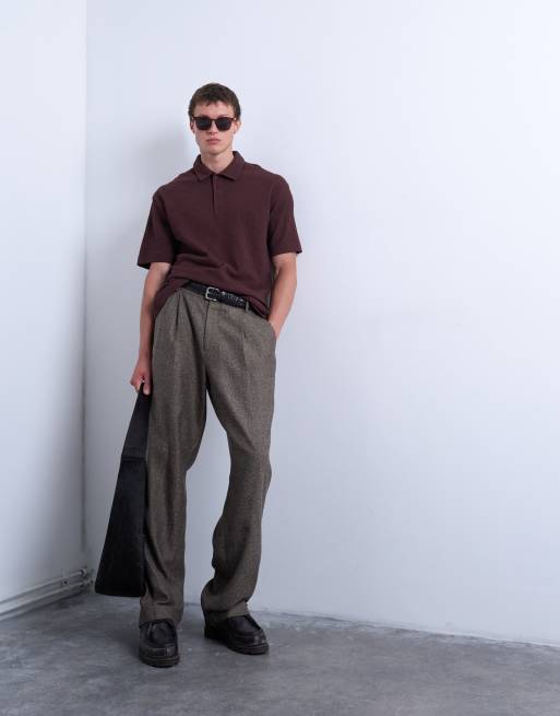 Topman relaxed tapered pleated herringbone trouser in brown
