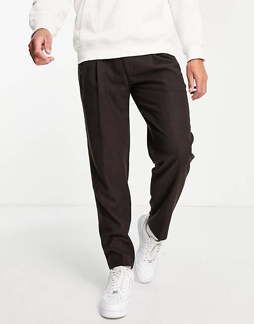 Men Topman relaxed warm handle trousers with double pleat in brown 