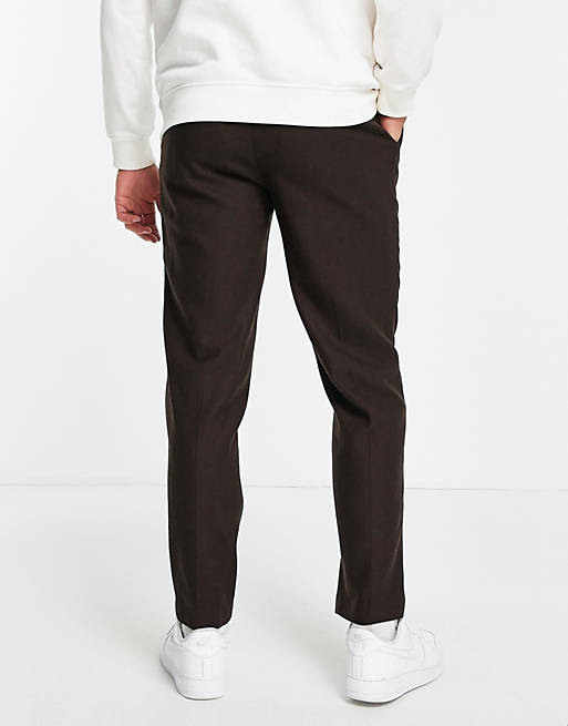 Men Topman relaxed warm handle trousers with double pleat in brown 