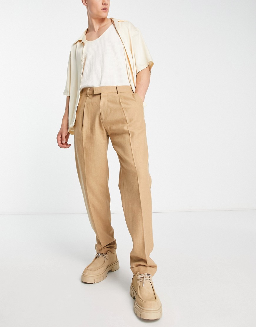 Topman relaxed wool mix trousers with turn up in stone-Neutral
