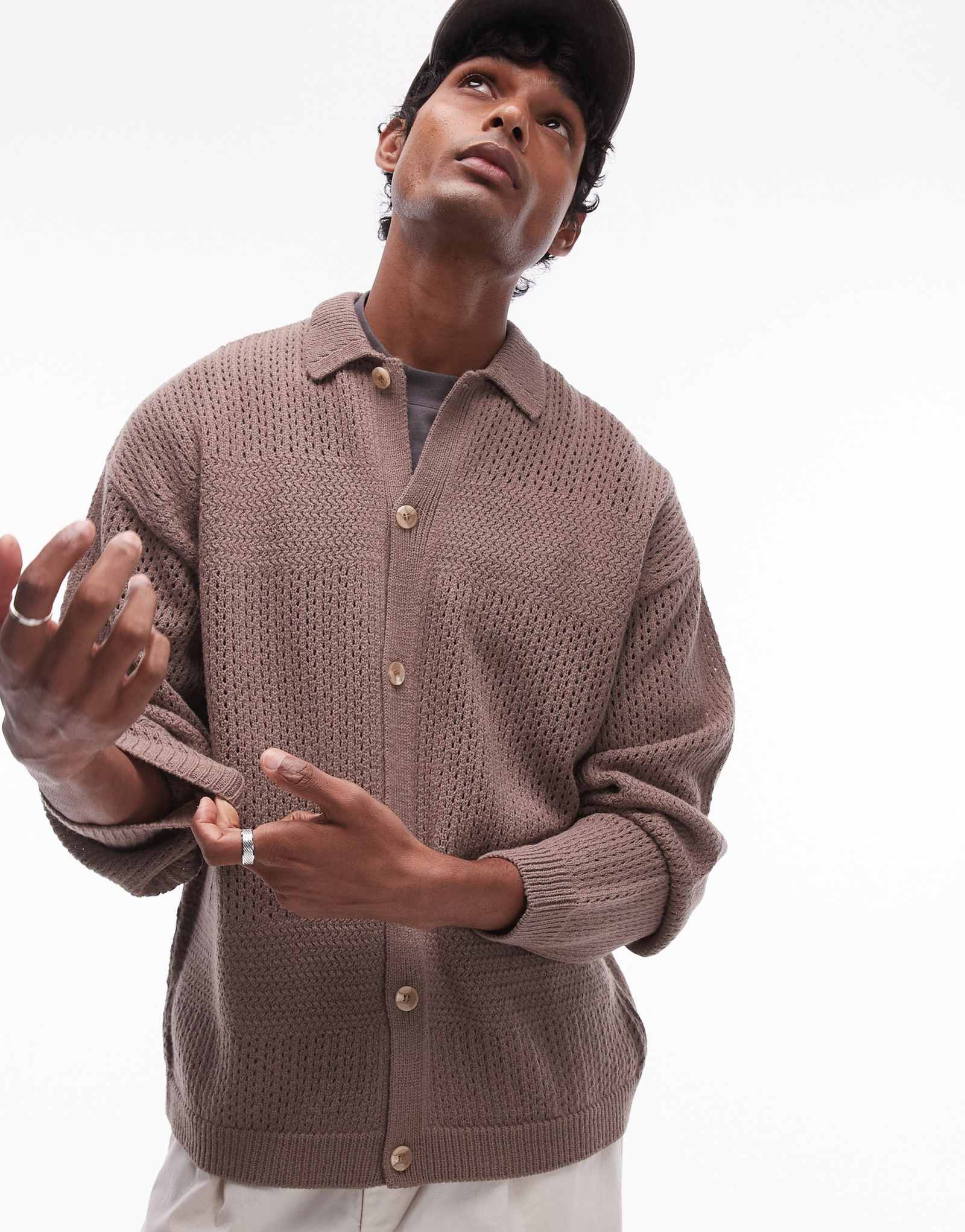 Коричневое вязаное поло с длинным рукавом и воротником-стойкой Topman revere