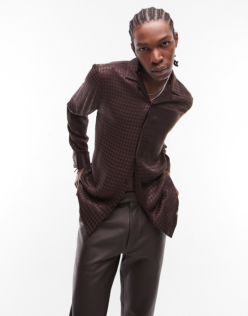 Topman revere dogtooth jacquard shirt in chocolate-Brown