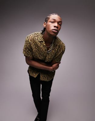 Topman revere shirt in sheer khaki animal design - ASOS Price Checker