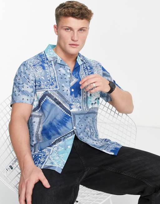 Topman revere shirt with bandana print in blue