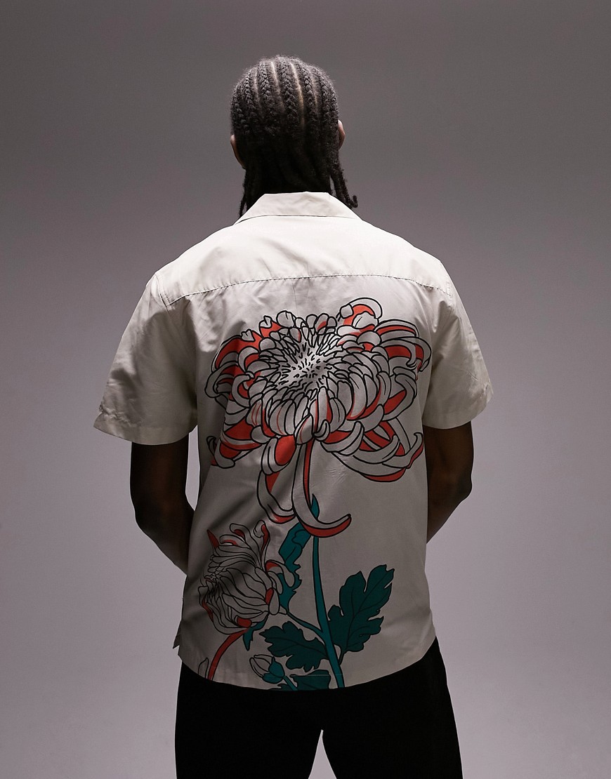 Topman revere shirt with flower print in light stone-Neutral