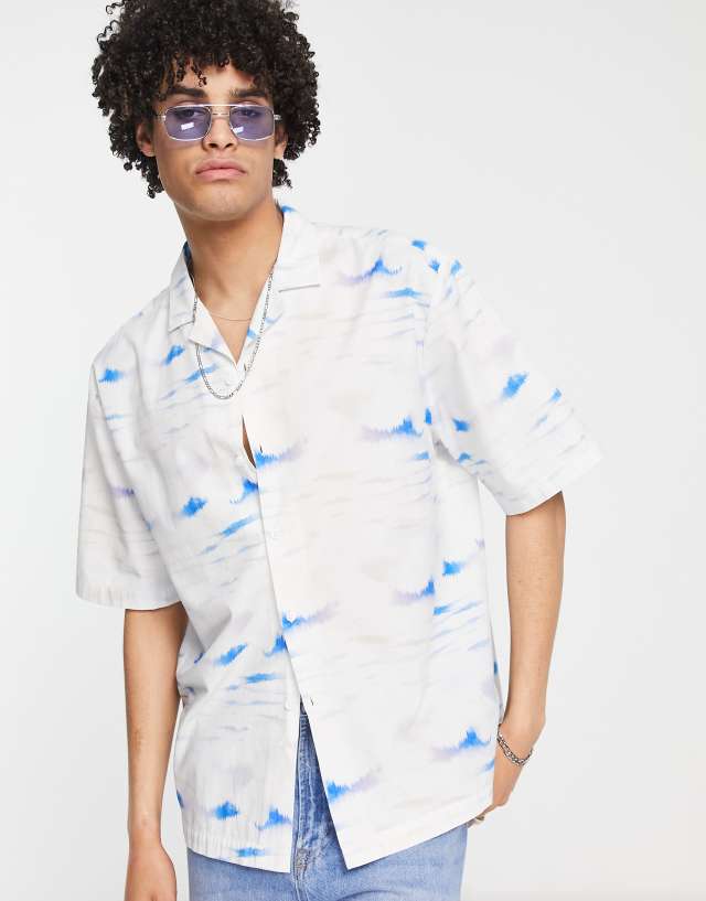 Topman revere shirt with ink print in white