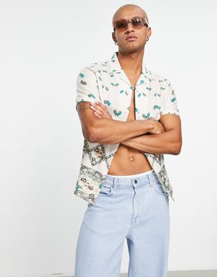 Topman revere shirt with paisley print in beige