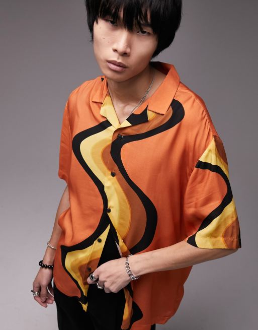 Topman revere shirt with swirl print in orange