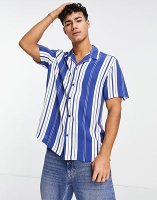 Topman revere stripe shirt in blue and white