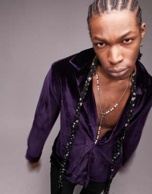 Topman revere velvet shirt in dark purple