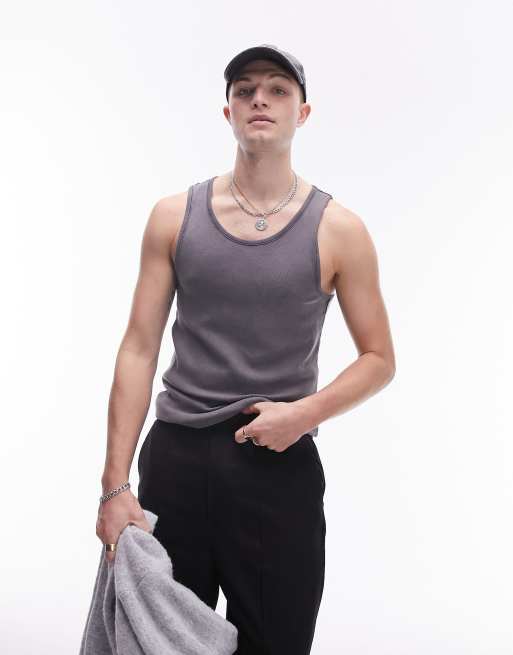 Topman rib tank top in washed black