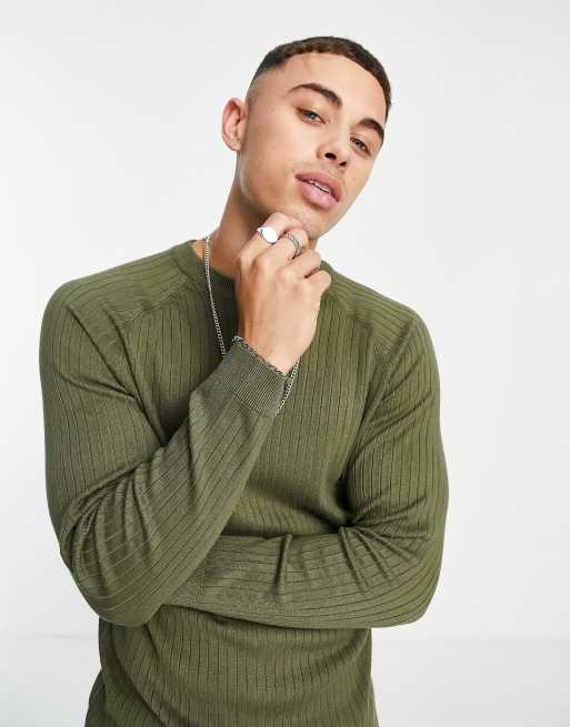 Topman ribbed crew neck jumper in green