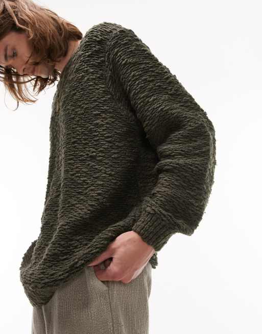 Topman ribbon stitch jumper in khaki