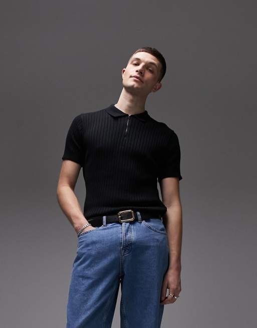 Topman - Ribgebreide polo met rits in zwart