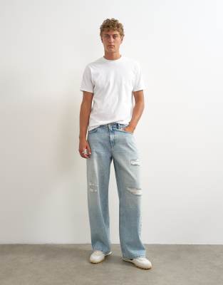 Topman Rigid Baggy Fit Distressed Jean In Blue