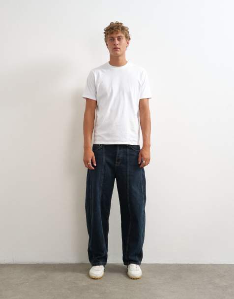 Topman rigid barrel fit panelled jean in clean dark wash