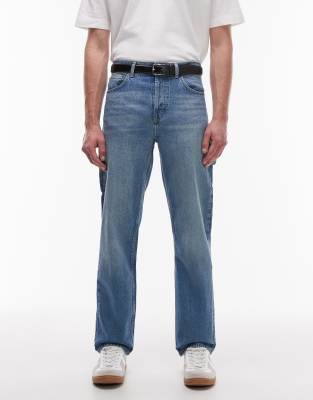 Topman Topman rigid straight leg carpenter jean in mid wash blue
