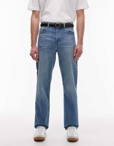 Topman rigid straight leg carpenter jean in mid wash blue - view 1