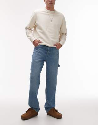 rigid straight leg carpenter jeans in mid wash blue