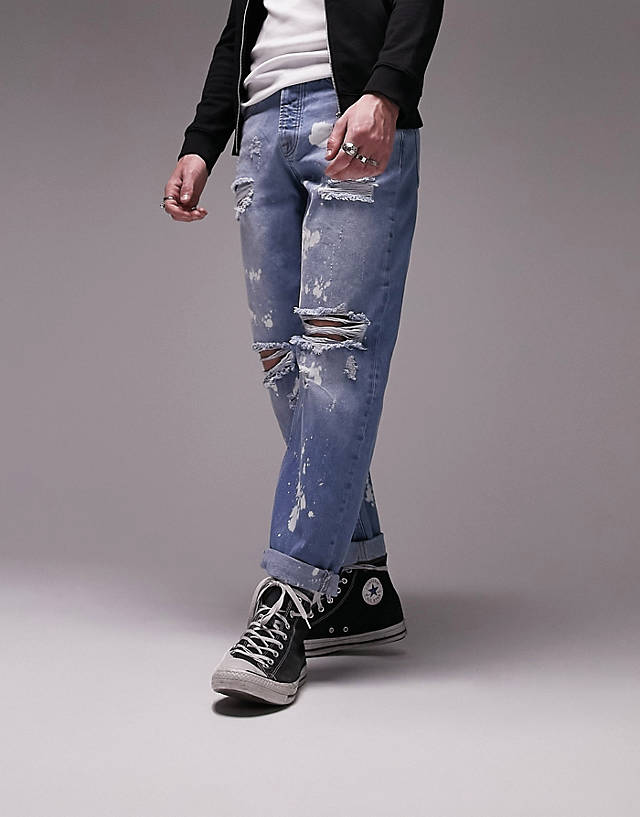 Topman - rip and bleach relaxed jeans in mid wash