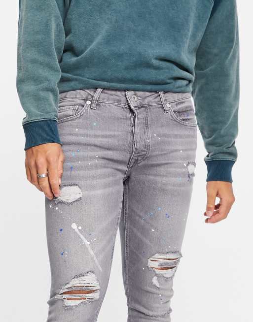 Slim Fit Rip & Repair Paint Splatter Jeans