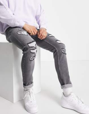 Topman rip and repair stretch skinny jeans in gray