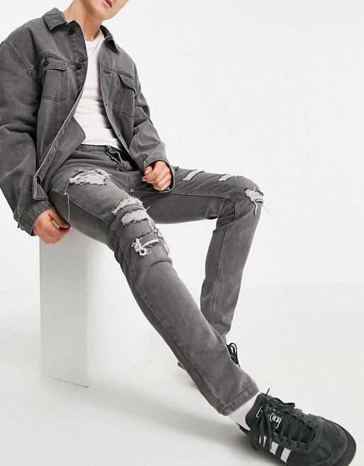 Topman rip and repair stretch skinny jeans in grey