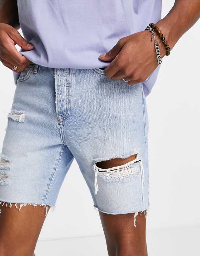 Topman rip slim denim short in light wash