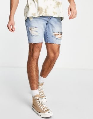 Topman rip slim denim short in mid wash