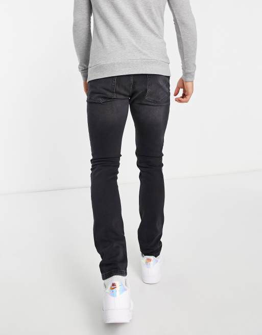 Topman rip stretch skinny jeans in washed black , 2 of 4