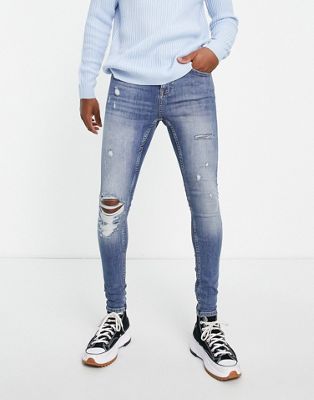 Topman super spray on rip jeans in mid wash