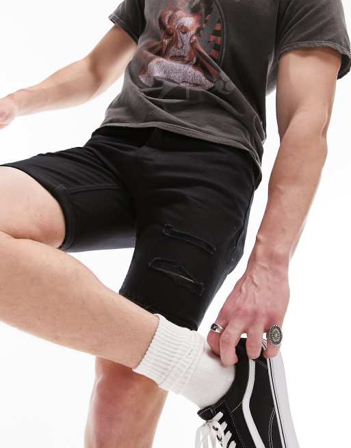 Topman ripped skinny denim shorts in black