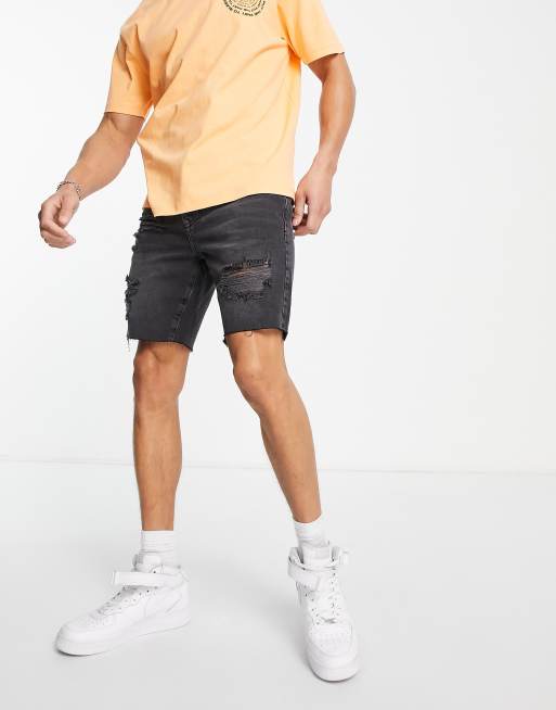 Topman ripped slim denim shorts in washed black