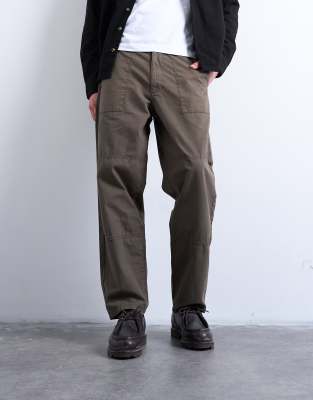 Topman ripstop taper leg trouser with seam detail in khaki