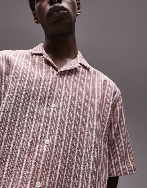 Topman – Röd, randig, texturerad skjorta med korta ärmar, avslappnad passform och platt krage
