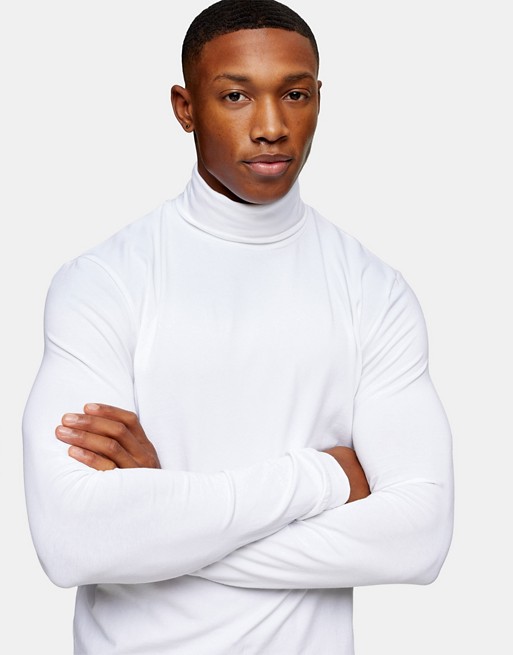 Topman roll neck long sleeve t-shirt in white