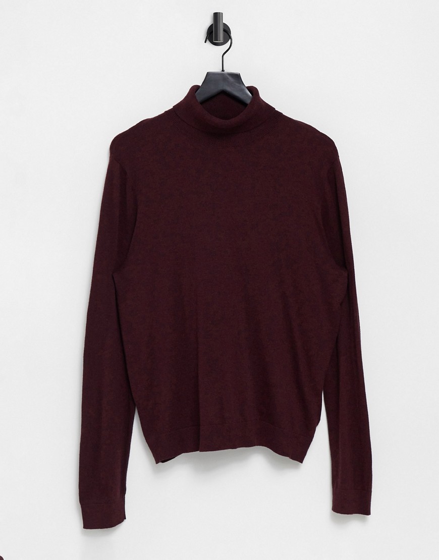 Topman roll neck sweater in chocolate brown-Red