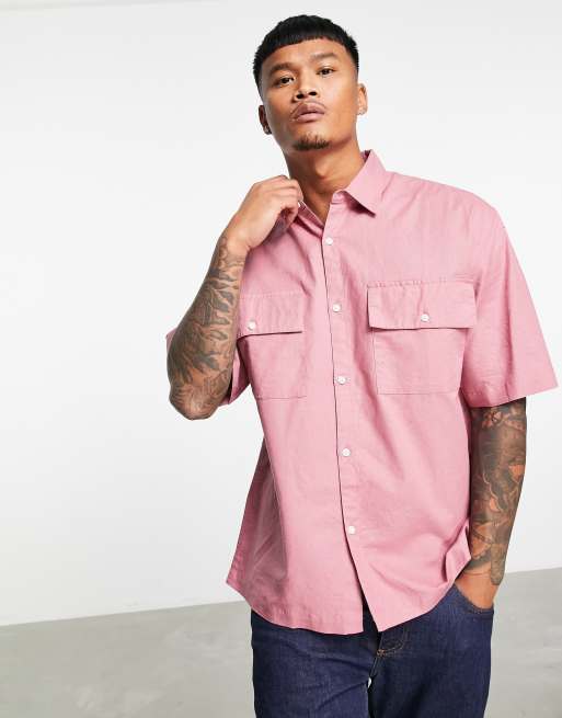 Topman – Rosa kortärmad skjorta i linnematerial