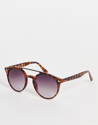 Topman round bar sunglasses in tort with blue lens