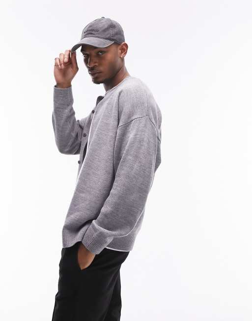 Topman round collar cardigan in gray