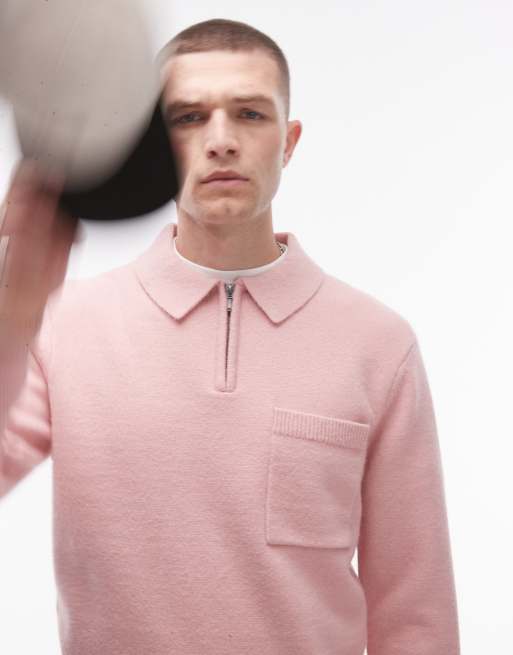 Topman – Różowa dzianinowa koszulka polo z suwakiem pod szyją