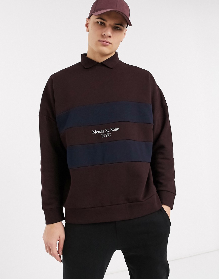 Topman - Rugbysweater met kleurvlakken in bordeauxrood