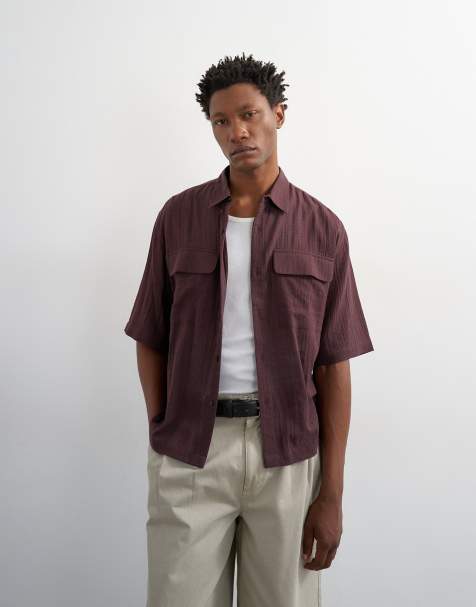 Topman - Ruimvallend cropped overhemd van doorschijnend ripstop met korte mouwen in bruin - view 1
