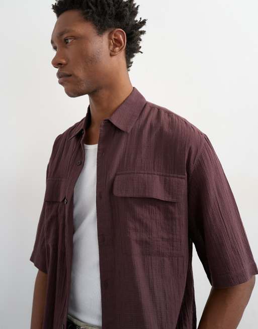 Topman - Ruimvallend cropped overhemd van doorschijnend ripstop met korte mouwen in bruin, 2 van 5