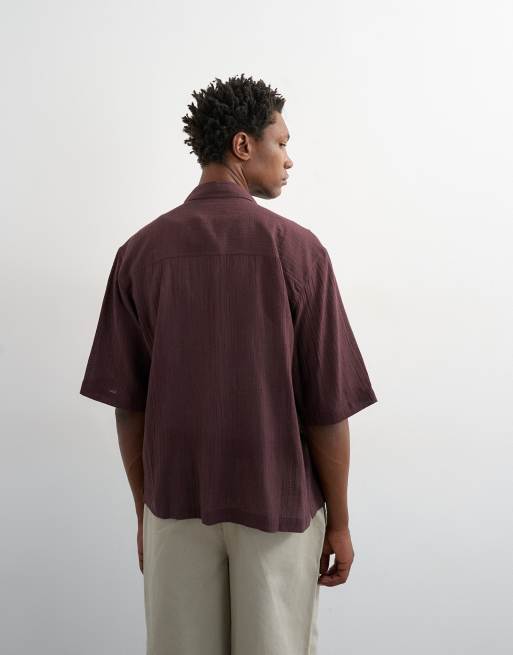 Topman - Ruimvallend cropped overhemd van doorschijnend ripstop met korte mouwen in bruin, 3 van 5