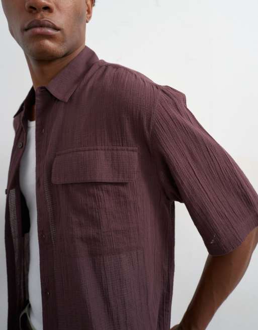 Topman - Ruimvallend cropped overhemd van doorschijnend ripstop met korte mouwen in bruin, 5 van 5