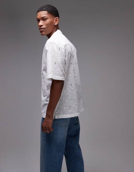 Topman - Ruimvallend geborduurd overhemd met korte mouwen en reverskraag in wit, 4 van 4