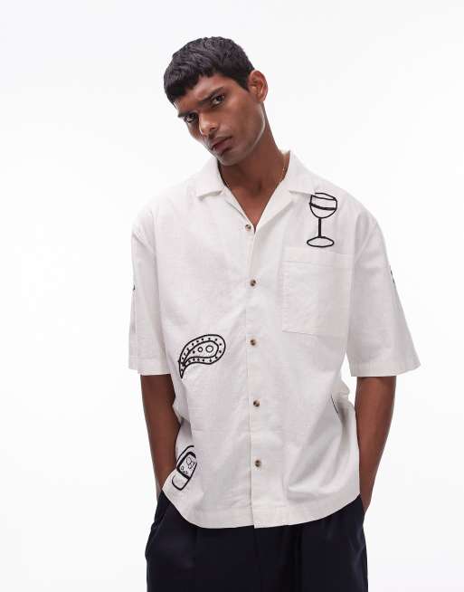 Topman - Ruimvallend geborduurd overhemd met korte mouwen in wit