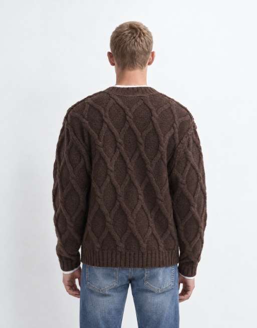 Topman ruimvallend gebreid kabelvest in bruin, 8 van 9